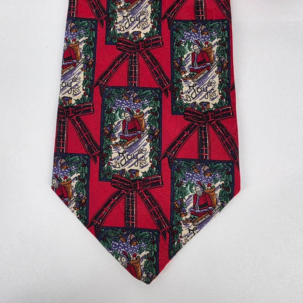 Robert Talbott Christmas Santa Sled Silk Tie Mens Red Holiday Joy - Picture 3 of 6